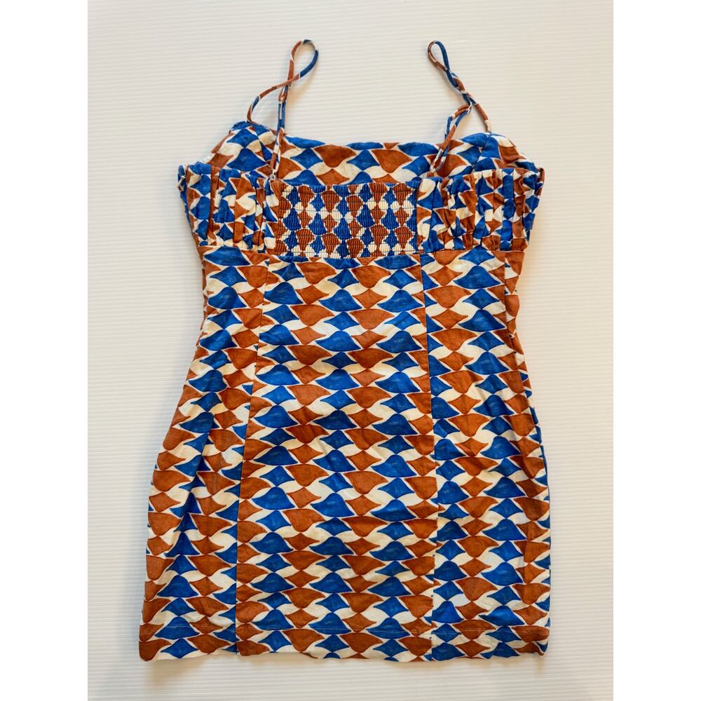 Maeve Anthropologie Ophelia Linen Blend Mini Dress 6 Blue Geometric Coastal - Picture 15 of 16